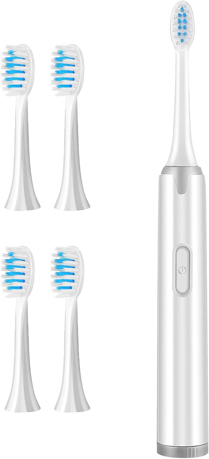 Electric Toothbrush for Adults, Waterproof Soft Bristle Sonic Toothbrush with 5 Replacement Brush Heads, Battery Powered Non-Rechargeable Cleaning Device for Household Oral Care