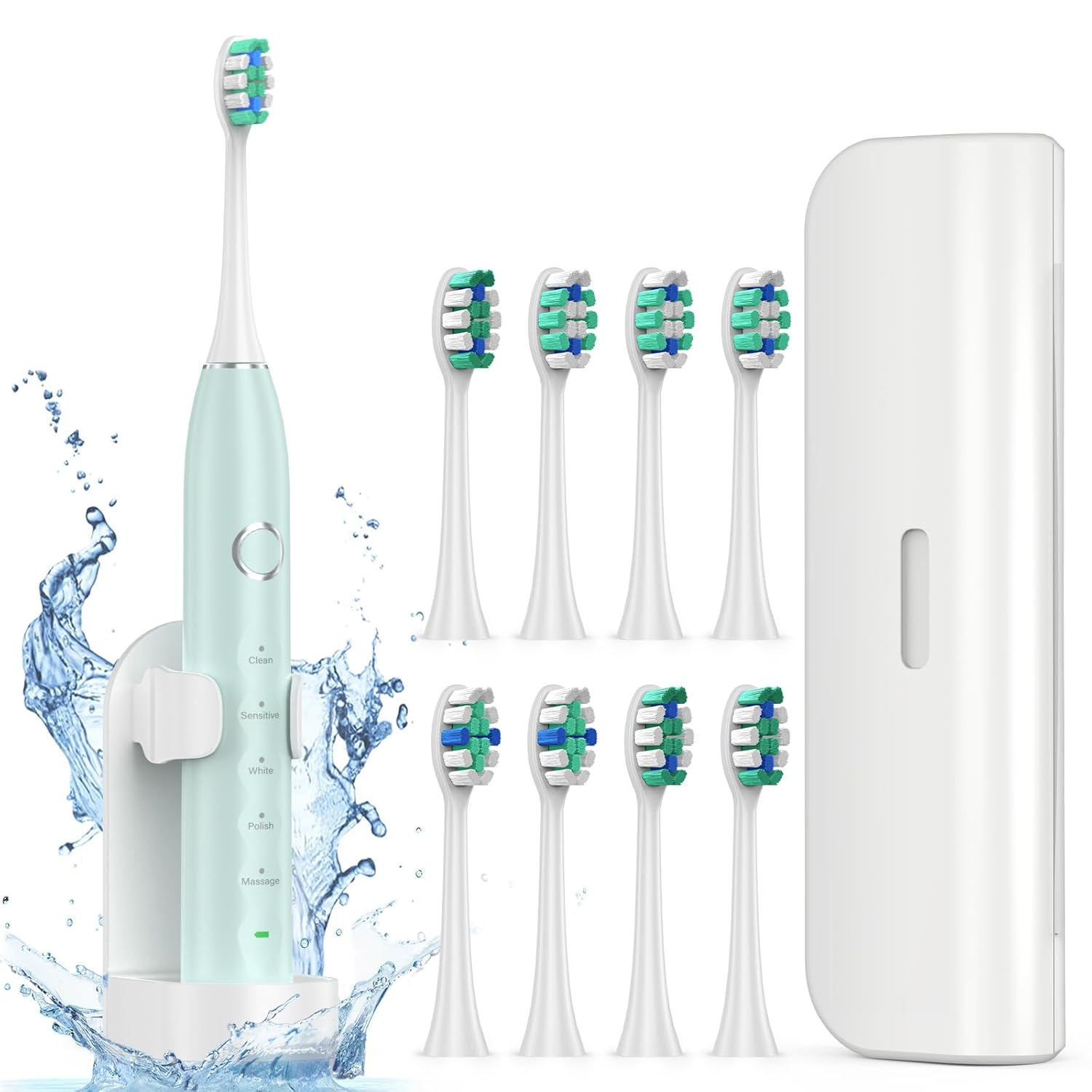 Electric Toothbrush for Adults with 8 Brush Heads, Sonic Toothbrush Rechargeable with a Holder & Travel Case, 2.5 Hours Charge for 120 Days Use - Light Green