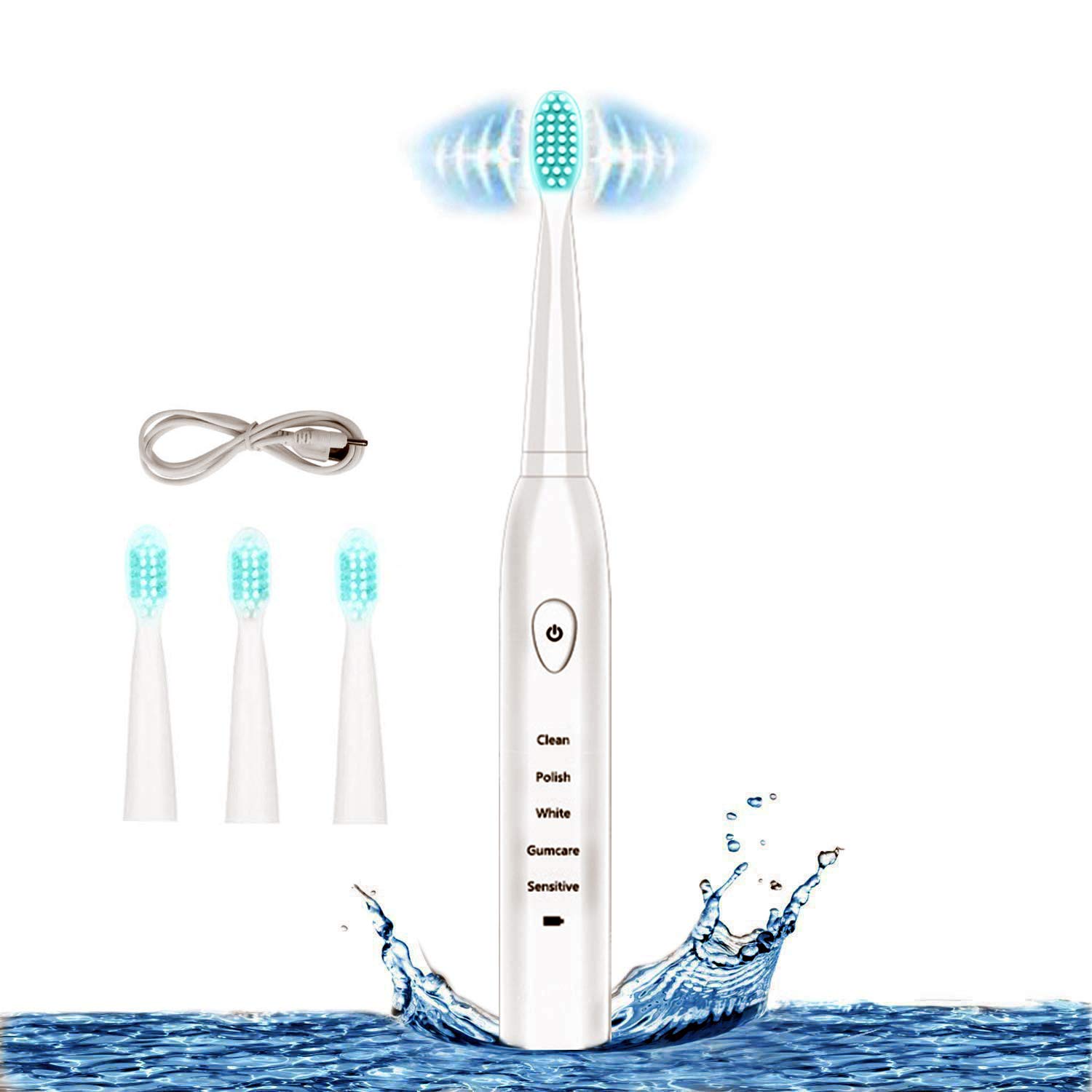 Sonic Electric Toothbrush, 4 Free Replacement Heads Included as Gifts Ideal for Adult Children and Couples Use USB Fast Charging Waterproof Toothbrush (White)