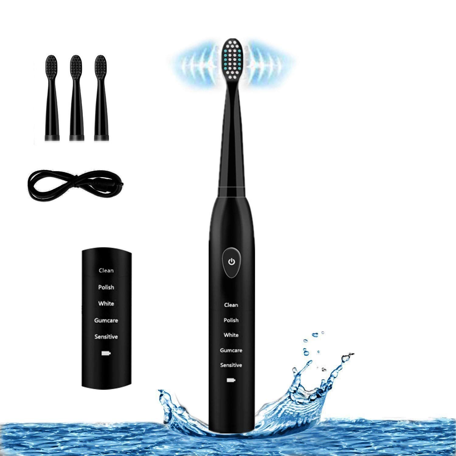 Sonic Electric Toothbrush, 4 Free Replacement Heads Included as Gifts Ideal for Adult Children and Couples Use USB Fast Charging Waterproof Toothbrush (Black)