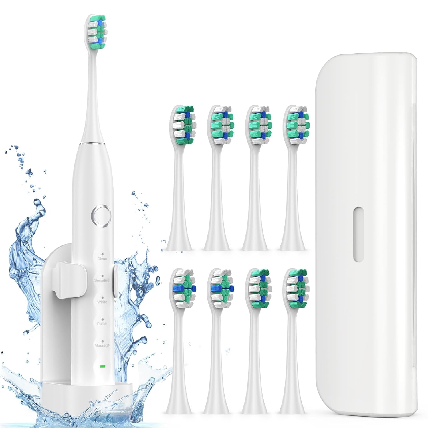 Electric Toothbrush for Adults with 8 Brush Heads, Sonic Toothbrush Rechargeable with a Holder & Travel Case, 2.5 Hours Charge for 120 Days Use - White