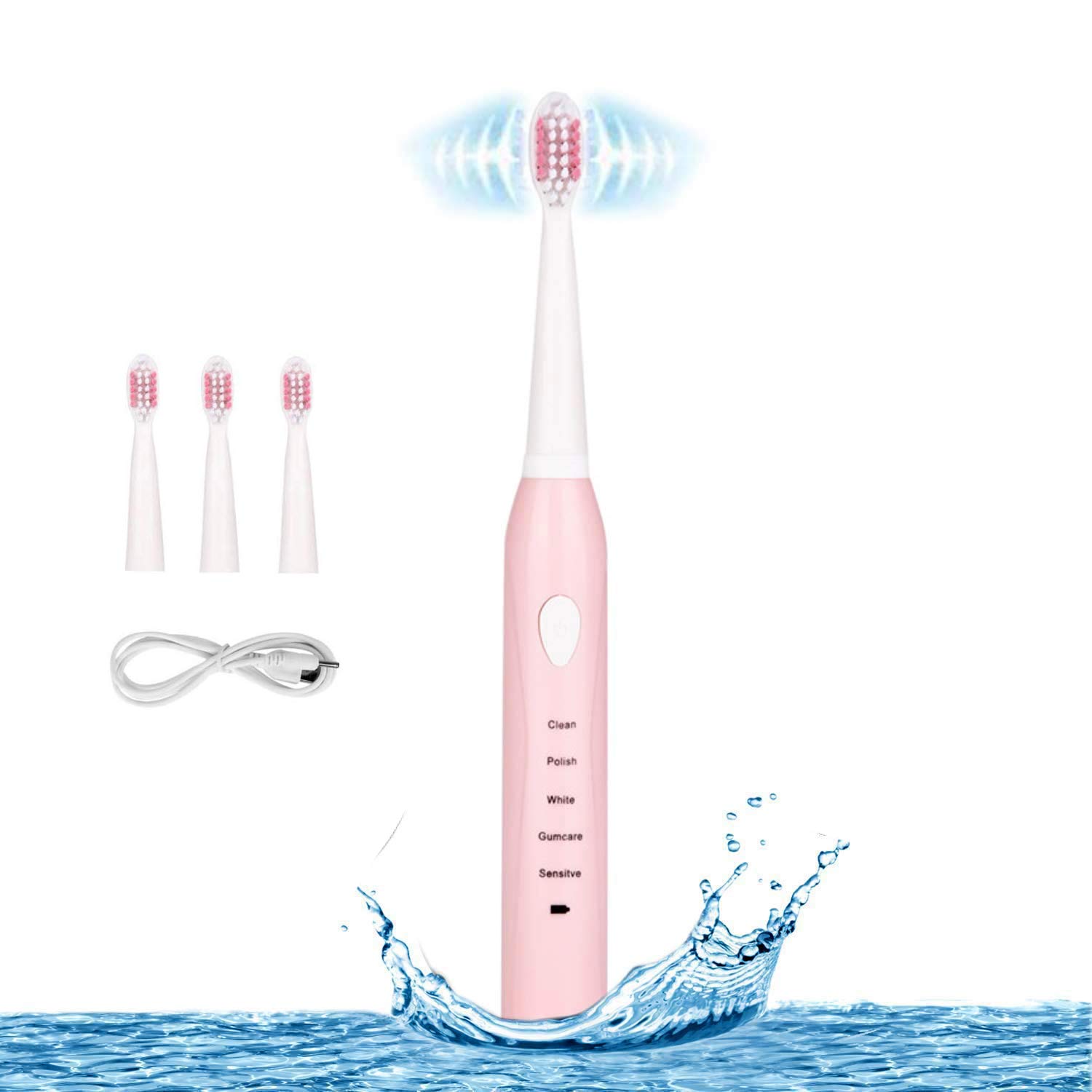 Sonic Electric Toothbrush, 4 Free Replacement Heads Included as Gifts Ideal for Adult Children and Couples Use USB Fast Charging Waterproof Toothbrush,(Pink)