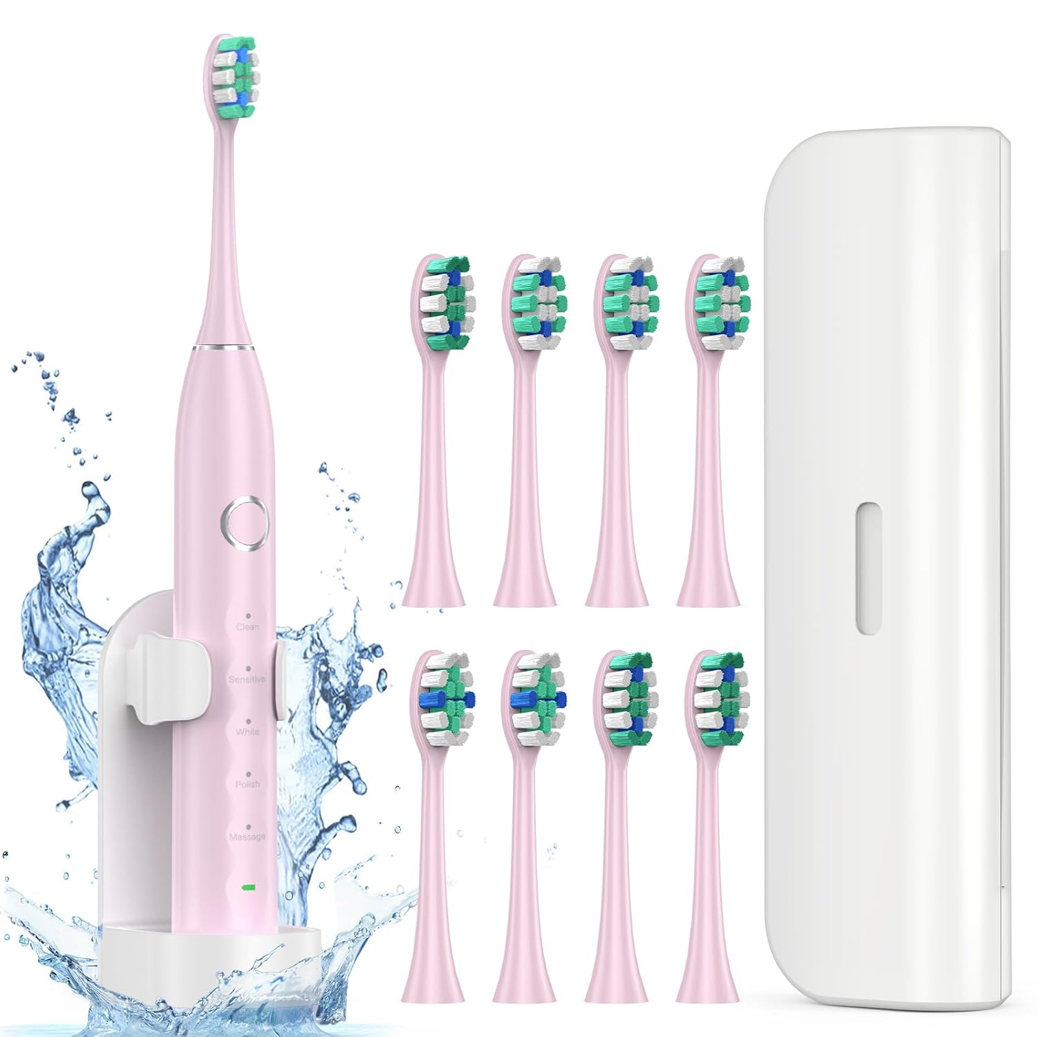 Electric Toothbrush for Adults with 8 Brush Heads, Sonic Toothbrush Rechargeable with a Holder & Travel Case, 2.5 Hours Charge for 120 Days Use - Pink