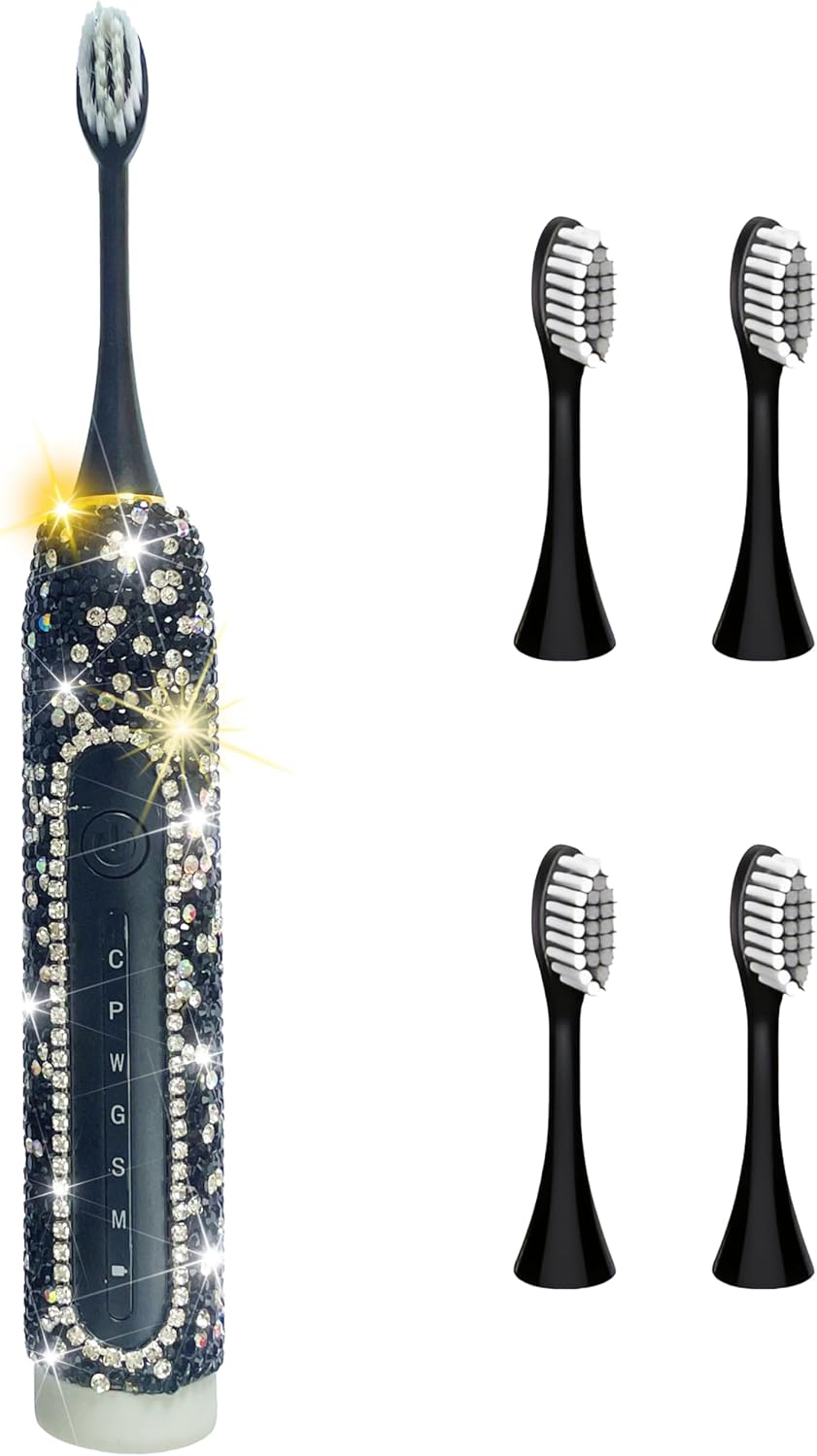 Electric Toothbrush for Woman Black  Everyday Luxury Limited Edition Portable Travel Essentials for Women Black Toothbrush with 3 Replacement Heads 6 Modes