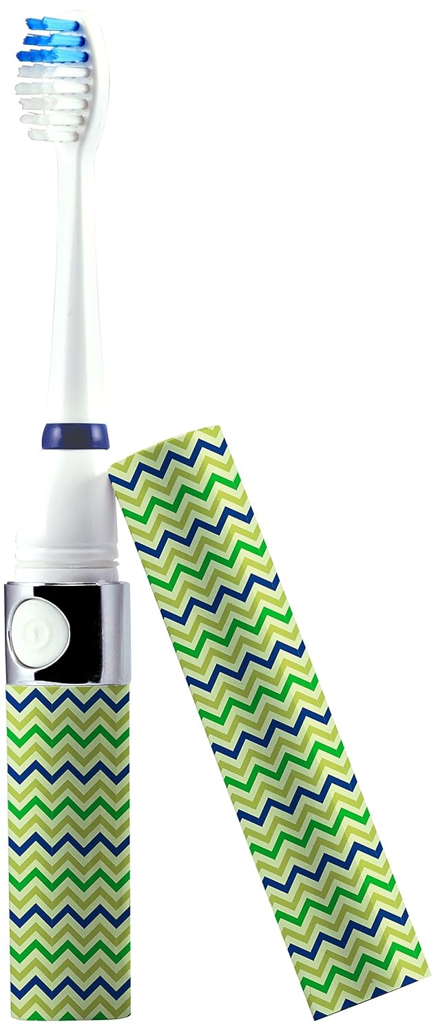 Portable Battery Operated Sonic Toothbrush To-Go with 2 Brush Heads & AAA Battery Included, Green Herringbone, 0.2 Pound